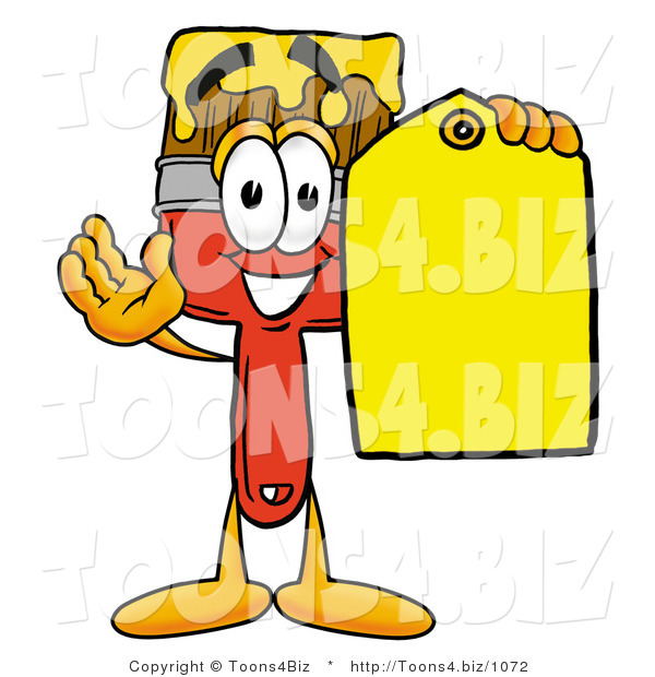 Illustration of a Cartoon Paint Brush Mascot Holding a Yellow Sales Price Tag