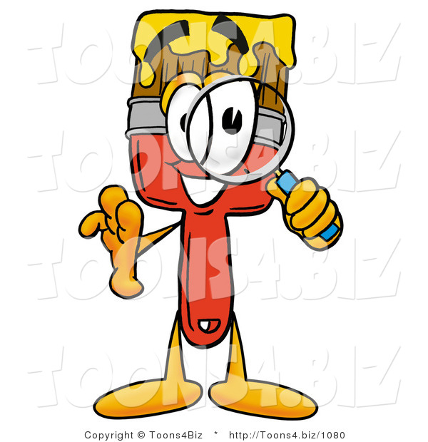 Illustration of a Cartoon Paint Brush Mascot Looking Through a Magnifying Glass