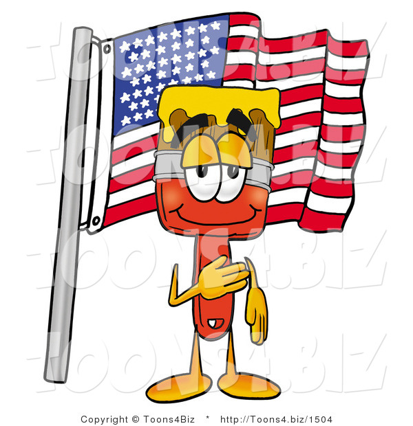Illustration of a Cartoon Paint Brush Mascot Pledging Allegiance to an American Flag