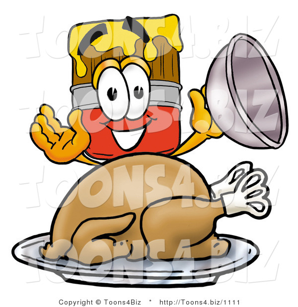 Illustration of a Cartoon Paint Brush Mascot Serving a Thanksgiving Turkey on a Platter