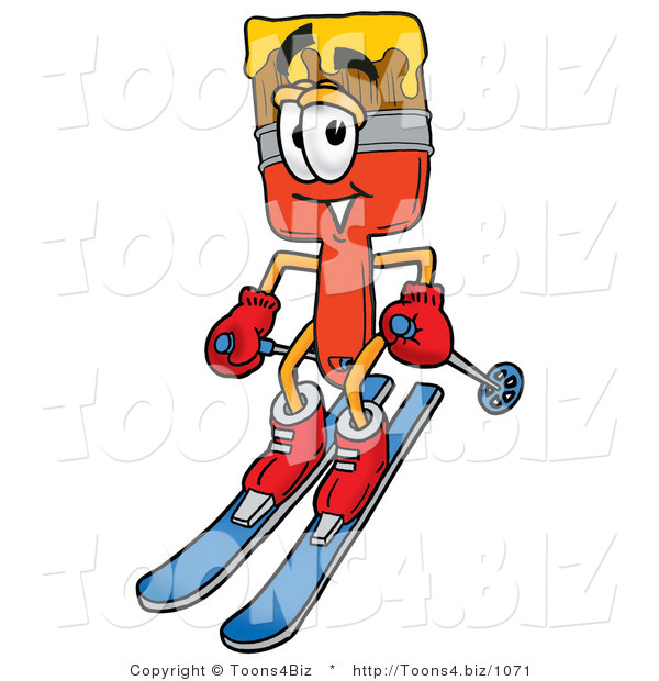 Illustration of a Cartoon Paint Brush Mascot Skiing Downhill