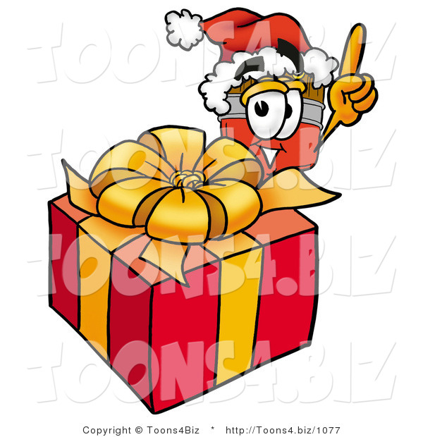 Illustration of a Cartoon Paint Brush Mascot Standing by a Christmas Present