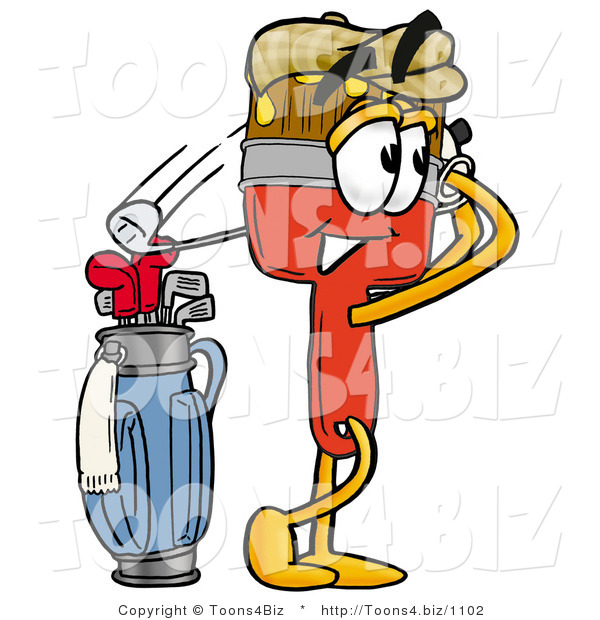 Illustration of a Cartoon Paint Brush Mascot Swinging His Golf Club While Golfing