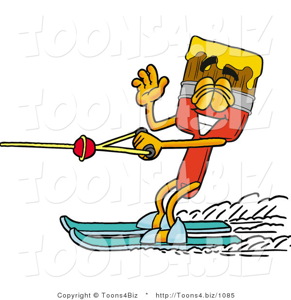 Illustration of a Cartoon Paint Brush Mascot Waving While Water Skiing