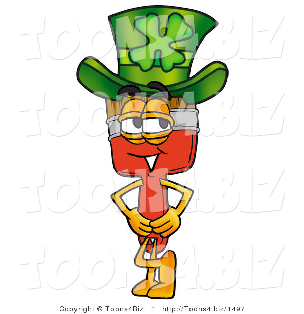Illustration of a Cartoon Paint Brush Mascot Wearing a Saint Patricks Day Hat with a Clover on It