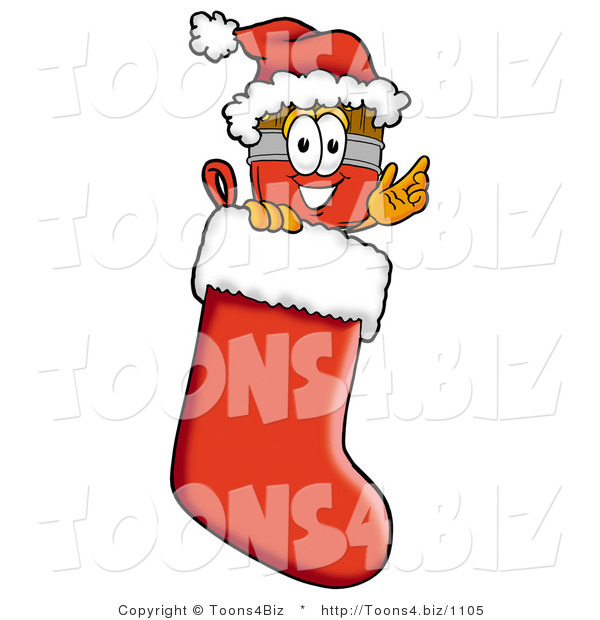 Illustration of a Cartoon Paint Brush Mascot Wearing a Santa Hat Inside a Red Christmas Stocking