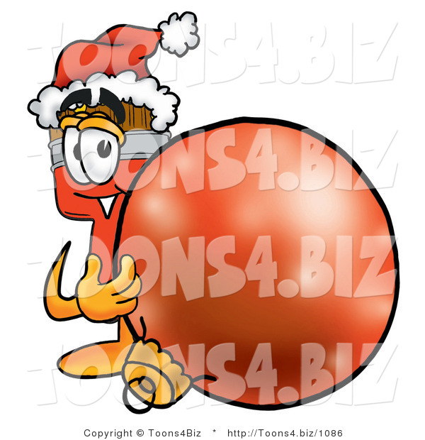 Illustration of a Cartoon Paint Brush Mascot Wearing a Santa Hat, Standing with a Christmas Bauble
