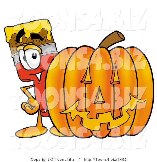 Illustration of a Cartoon Paint Brush Mascot with a Carved Halloween Pumpkin
