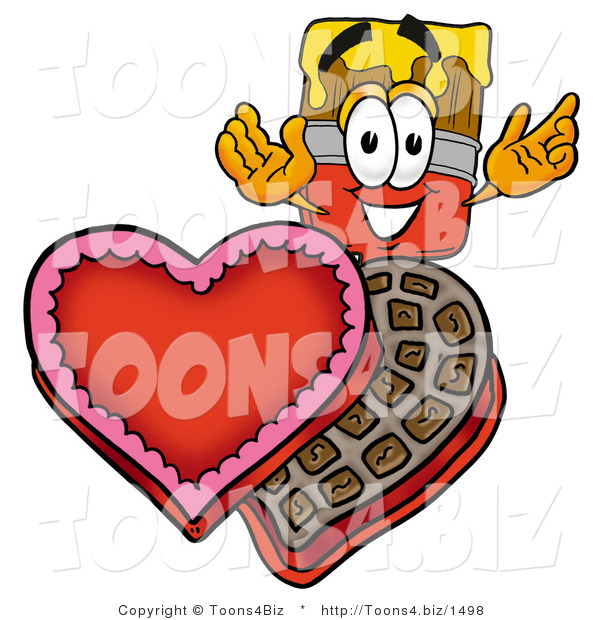 Illustration of a Cartoon Paint Brush Mascot with an Open Box of Valentines Day Chocolate Candies