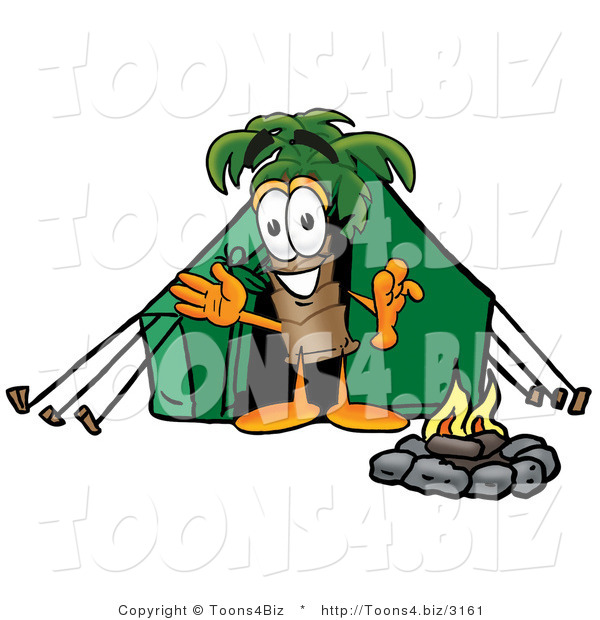 Illustration of a Cartoon Palm Tree Mascot Camping with a Tent and Fire