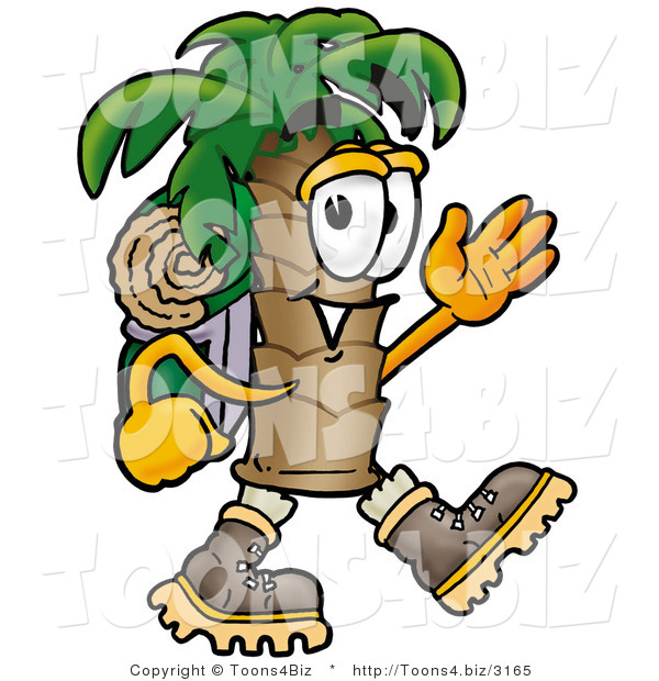 Illustration of a Cartoon Palm Tree Mascot Hiking and Carrying a Backpack