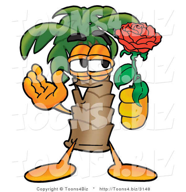 Illustration of a Cartoon Palm Tree Mascot Holding a Red Rose on Valentines Day