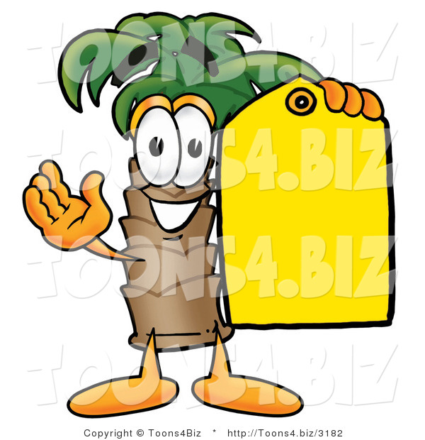Illustration of a Cartoon Palm Tree Mascot Holding a Yellow Sales Price Tag