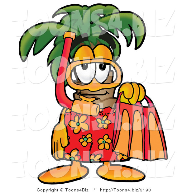 Illustration of a Cartoon Palm Tree Mascot in Orange and Red Snorkel Gear