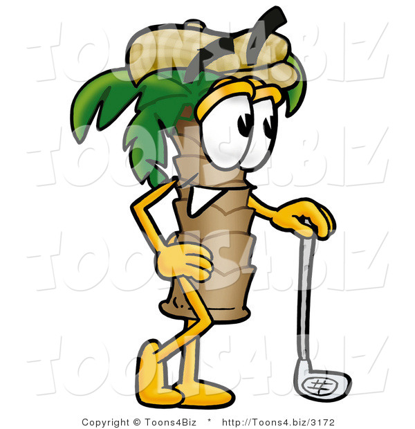 Illustration of a Cartoon Palm Tree Mascot Leaning on a Golf Club While Golfing