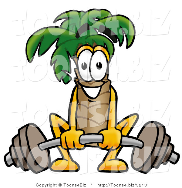 Illustration of a Cartoon Palm Tree Mascot Lifting a Heavy Barbell