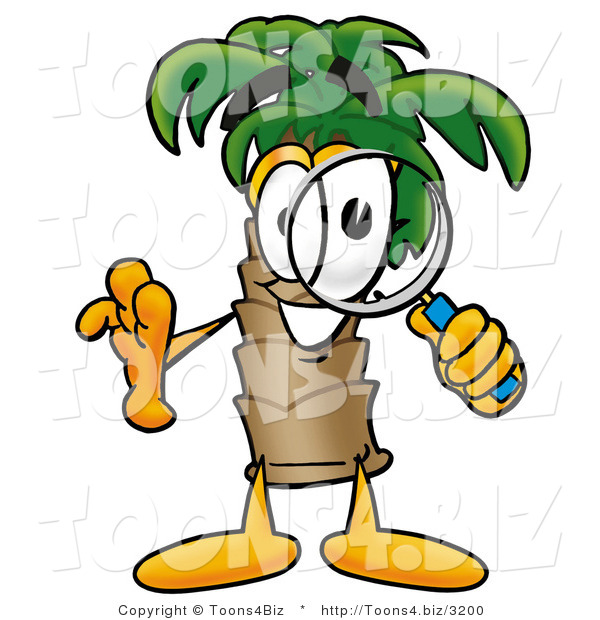 Illustration of a Cartoon Palm Tree Mascot Looking Through a Magnifying Glass