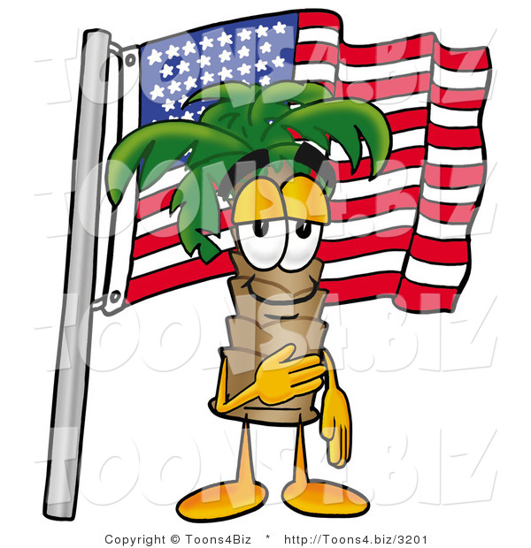 Illustration of a Cartoon Palm Tree Mascot Pledging Allegiance to an American Flag