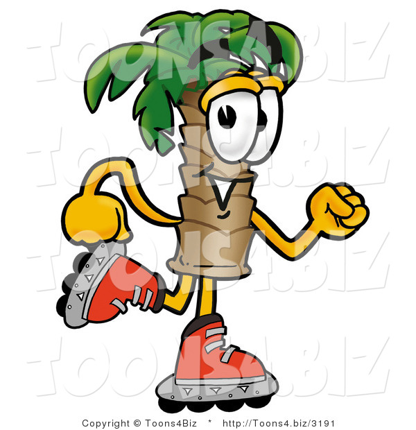 Illustration of a Cartoon Palm Tree Mascot Roller Blading on Inline Skates