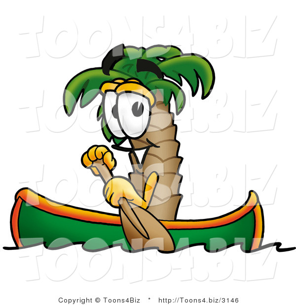 Illustration of a Cartoon Palm Tree Mascot Rowing a Boat