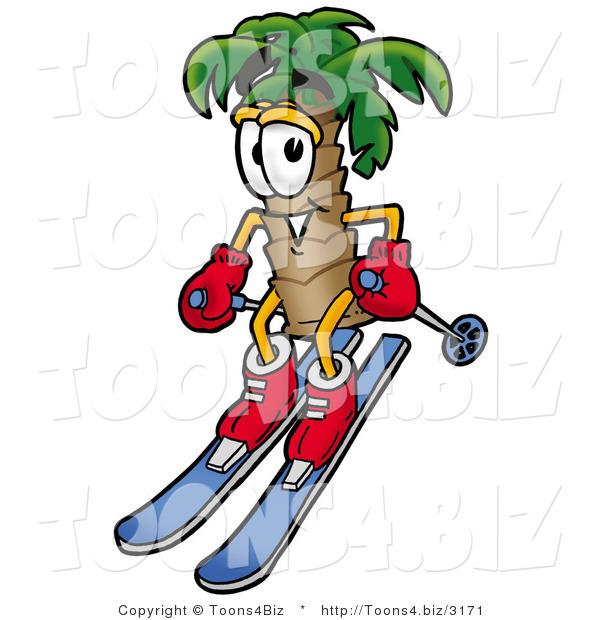 Illustration of a Cartoon Palm Tree Mascot Skiing Downhill
