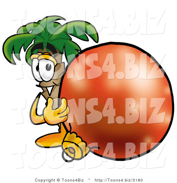 Illustration of a Cartoon Palm Tree Mascot Standing with a Christmas Bauble