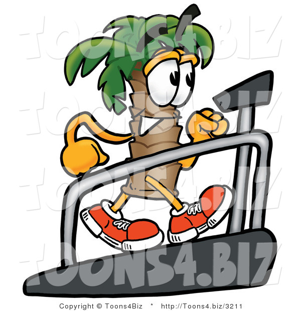 Illustration of a Cartoon Palm Tree Mascot Walking on a Treadmill in a Fitness Gym