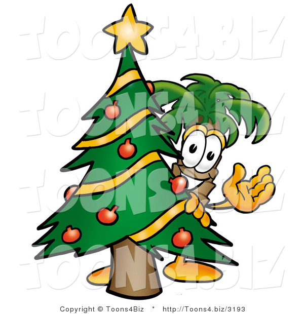 Illustration of a Cartoon Palm Tree Mascot Waving and Standing by a Decorated Christmas Tree