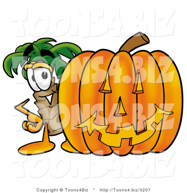 Illustration of a Cartoon Palm Tree Mascot with a Carved Halloween Pumpkin