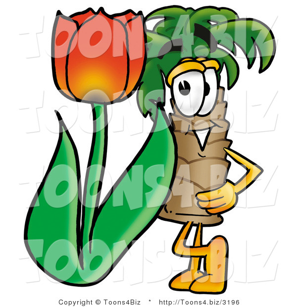 Illustration of a Cartoon Palm Tree Mascot with a Red Tulip Flower in the Spring