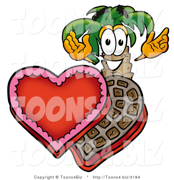 Illustration of a Cartoon Palm Tree Mascot with an Open Box of Valentines Day Chocolate Candies