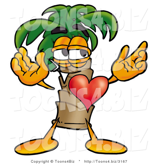 Illustration of a Cartoon Palm Tree Mascot with His Heart Beating out of His Chest