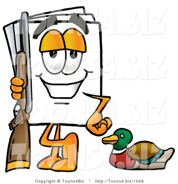 Illustration of a Cartoon Paper Mascot Duck Hunting, Standing with a Rifle and Duck