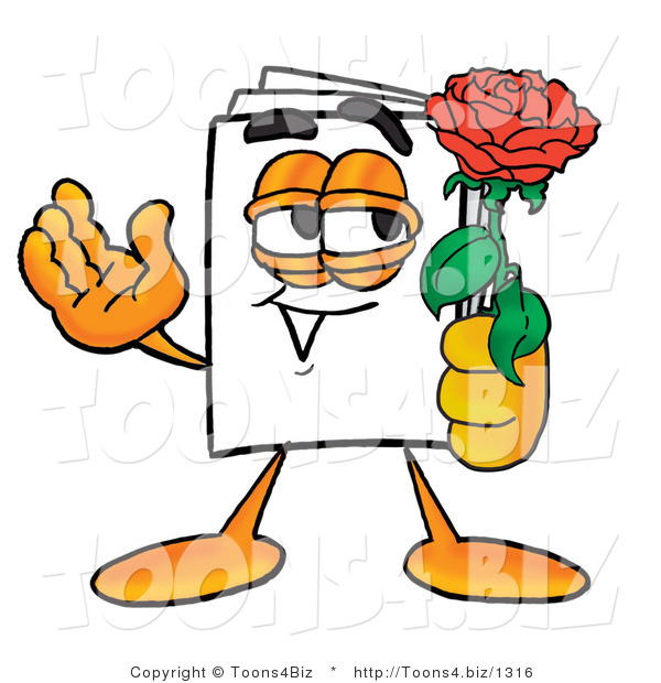 Illustration of a Cartoon Paper Mascot Holding a Red Rose on Valentines Day
