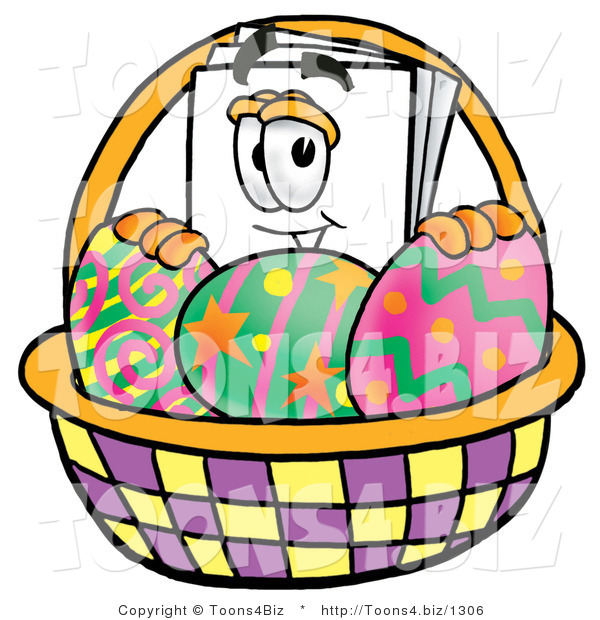 Illustration of a Cartoon Paper Mascot in an Easter Basket Full of Decorated Easter Eggs
