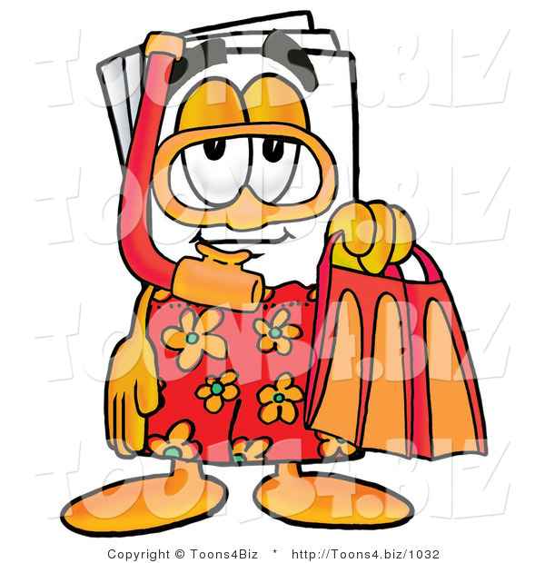 Illustration of a Cartoon Paper Mascot in Orange and Red Snorkel Gear