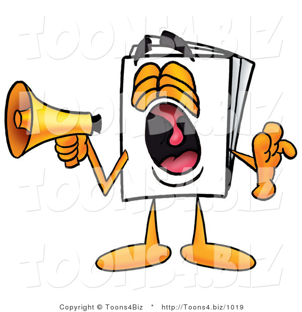 Illustration of a Cartoon Paper Mascot Screaming into a Megaphone