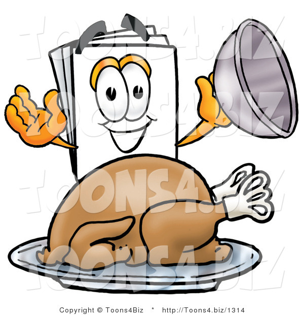 Illustration of a Cartoon Paper Mascot Serving a Thanksgiving Turkey on a Platter