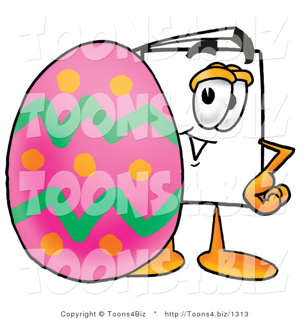 Illustration of a Cartoon Paper Mascot Standing Beside an Easter Egg