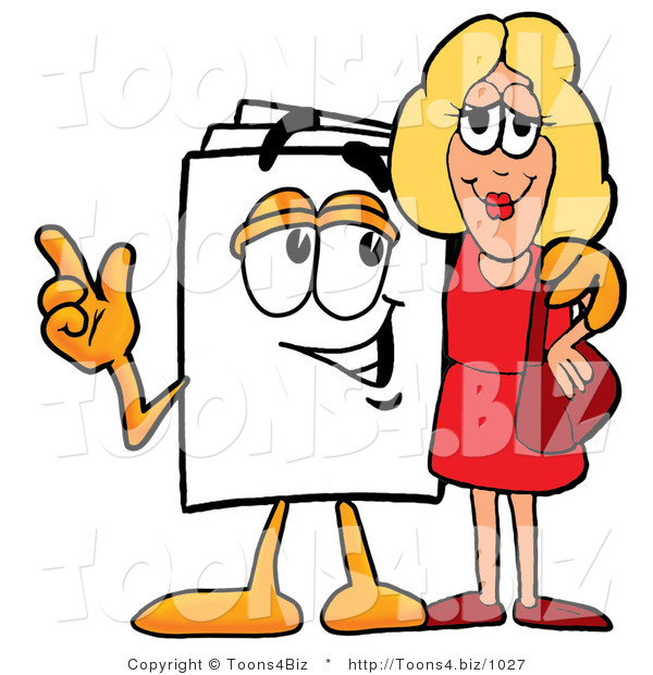 Illustration of a Cartoon Paper Mascot Talking to a Pretty Blond Woman