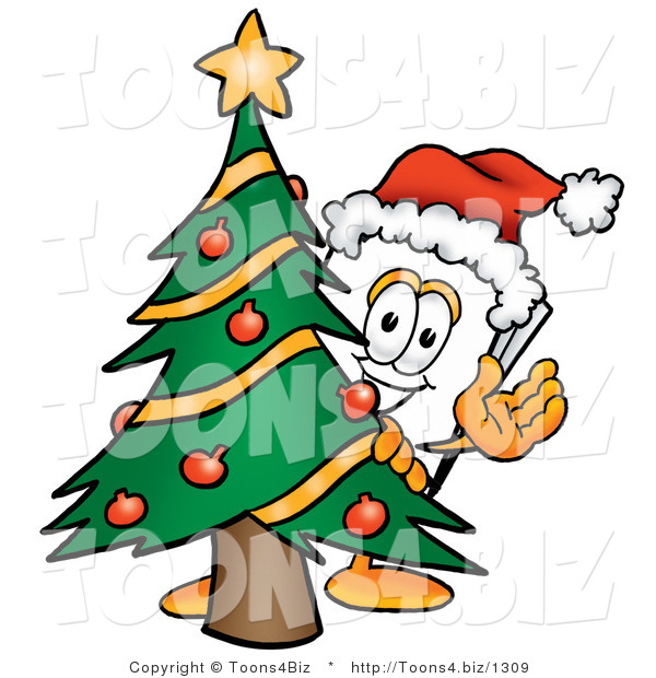 Illustration of a Cartoon Paper Mascot Waving and Standing by a Decorated Christmas Tree