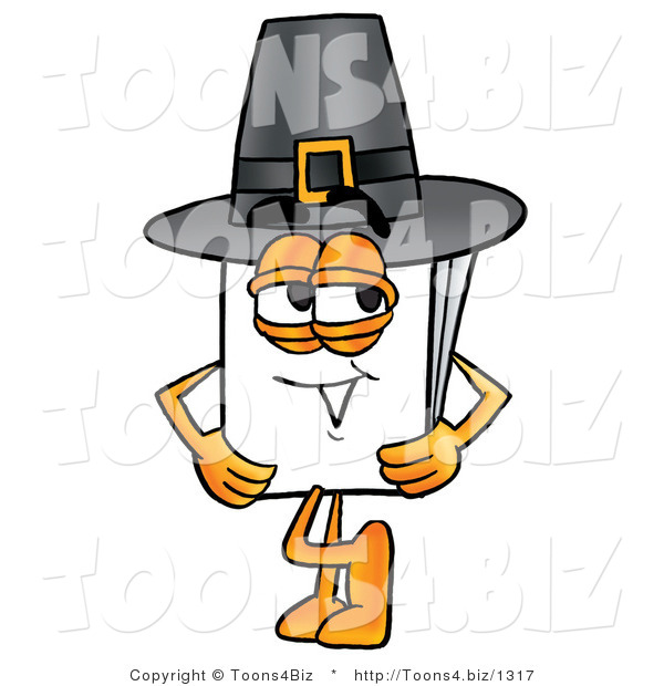 Illustration of a Cartoon Paper Mascot Wearing a Pilgrim Hat on Thanksgiving