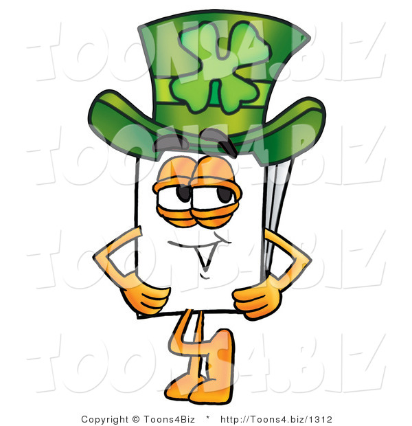 Illustration of a Cartoon Paper Mascot Wearing a Saint Patricks Day Hat with a Clover on It