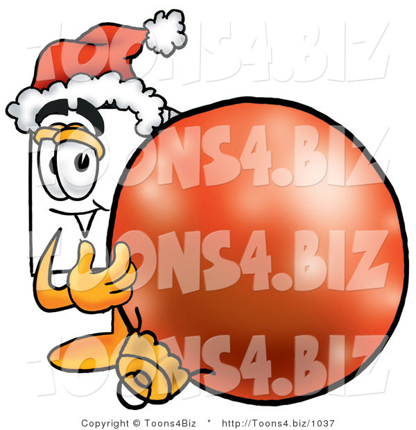 Illustration of a Cartoon Paper Mascot Wearing a Santa Hat, Standing with a Christmas Bauble