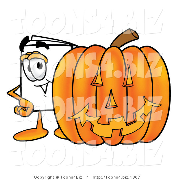 Illustration of a Cartoon Paper Mascot with a Carved Halloween Pumpkin
