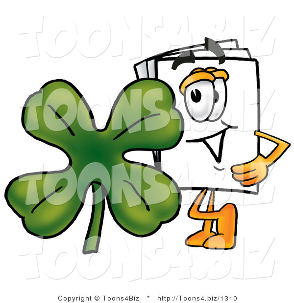 Illustration of a Cartoon Paper Mascot with a Green Four Leaf Clover on St Paddy's or St Patricks Day