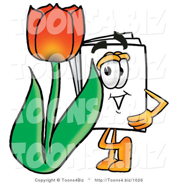 Illustration of a Cartoon Paper Mascot with a Red Tulip Flower in the Spring