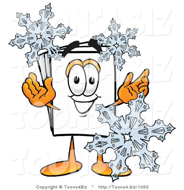 Illustration of a Cartoon Paper Mascot with Three Snowflakes in Winter