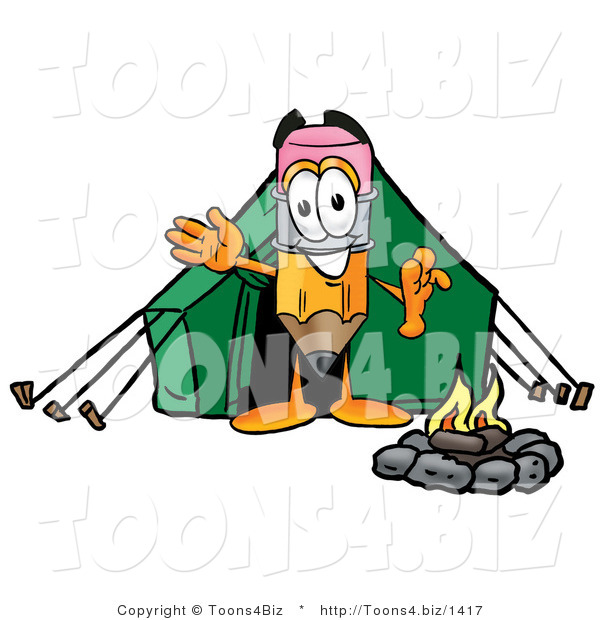 Illustration of a Cartoon Pencil Mascot Camping with a Tent and Fire