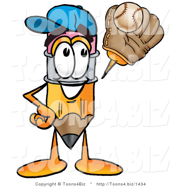 Illustration of a Cartoon Pencil Mascot Catching a Baseball with a Glove